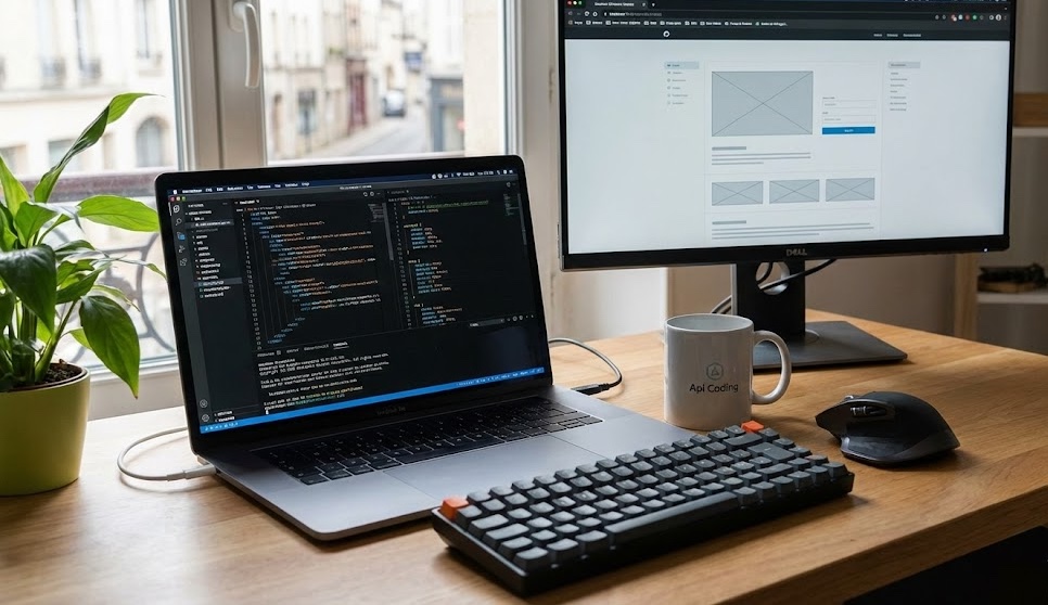 Espace de travail du studio de développement Api Coding à La Ciotat, montrant du code sur un écran et une tasse avec le logo de l'entreprise.